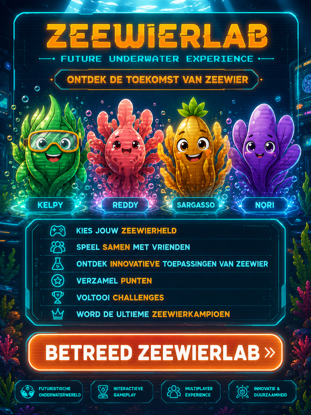 Kelpy game promotional screen with seaweed heroes